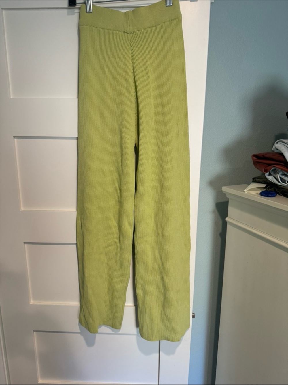 Ribbed V-Neck Crop Top and Wide-Leg Pants Set - Chartreuse - Picture 3 of 4